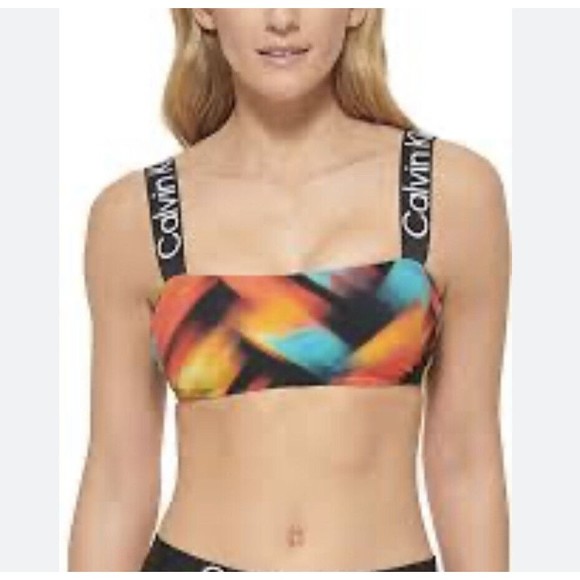 Calvin Klein Black Multi Abstract Print Stretch X-Fit UPF 50+ Swim Top Sz L NEW - Picture 1 of 11